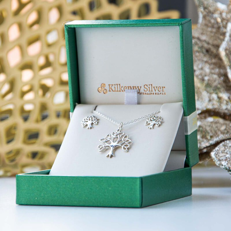 Hallmarked Sterling Silver Set Of Tree Of Life Earrings and Pendant